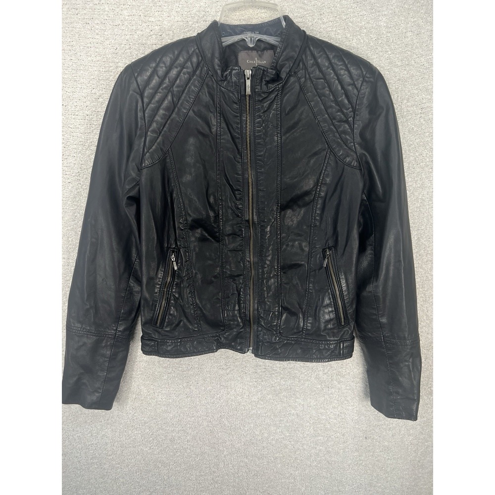 Cole Haan Leather Moto Jacket Womens S Black Quilted Shoulder Full Zip Biker